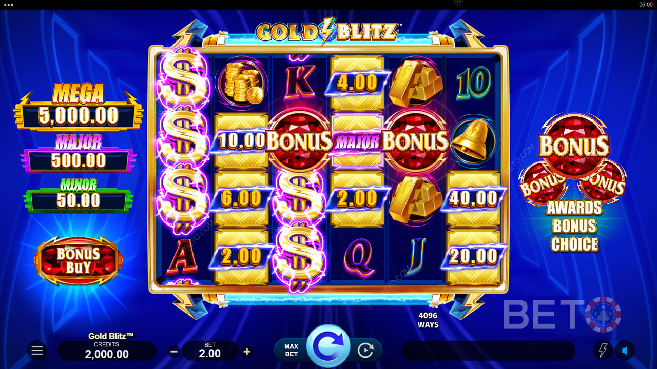 Voit voittaa Jackpot-palkinnon millä tahansa Gold Blitz -kolikkopelin peruspelin pyöräytyksellä.