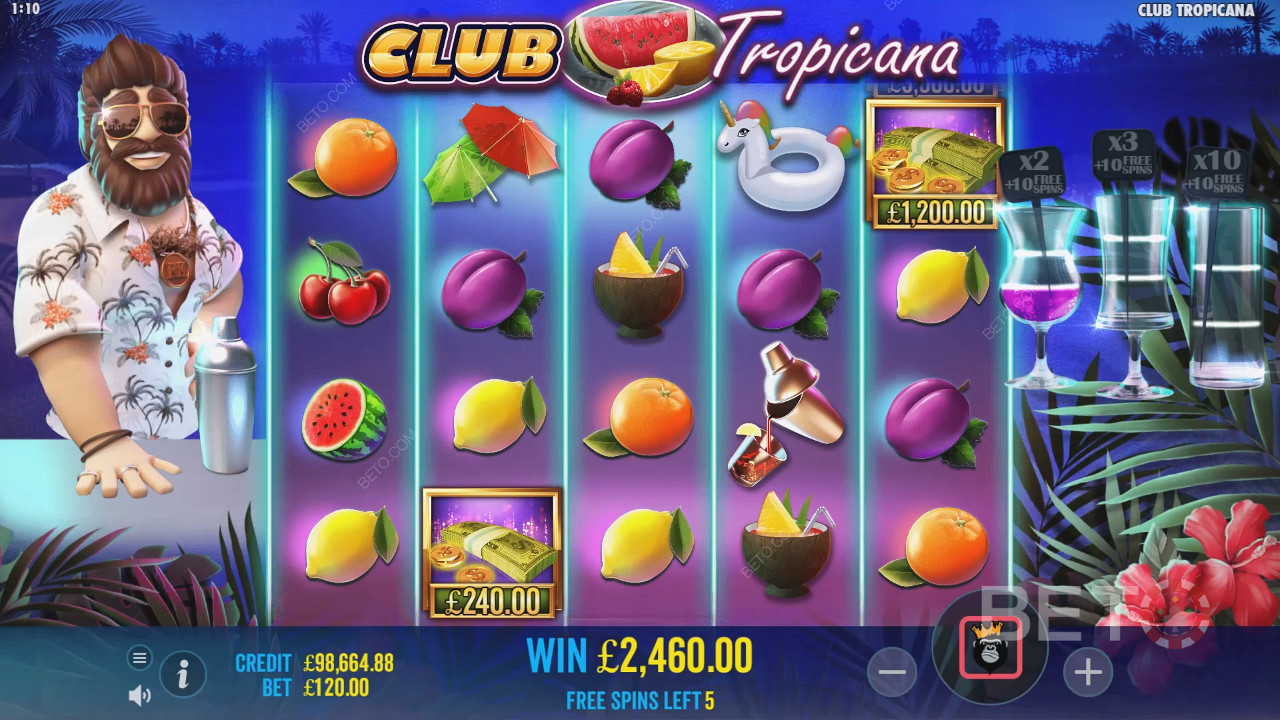Saat mahdollisuuden kerätä rahasymboleja Club Tropicana -kolikkopelin ilmaiskierroksilla.