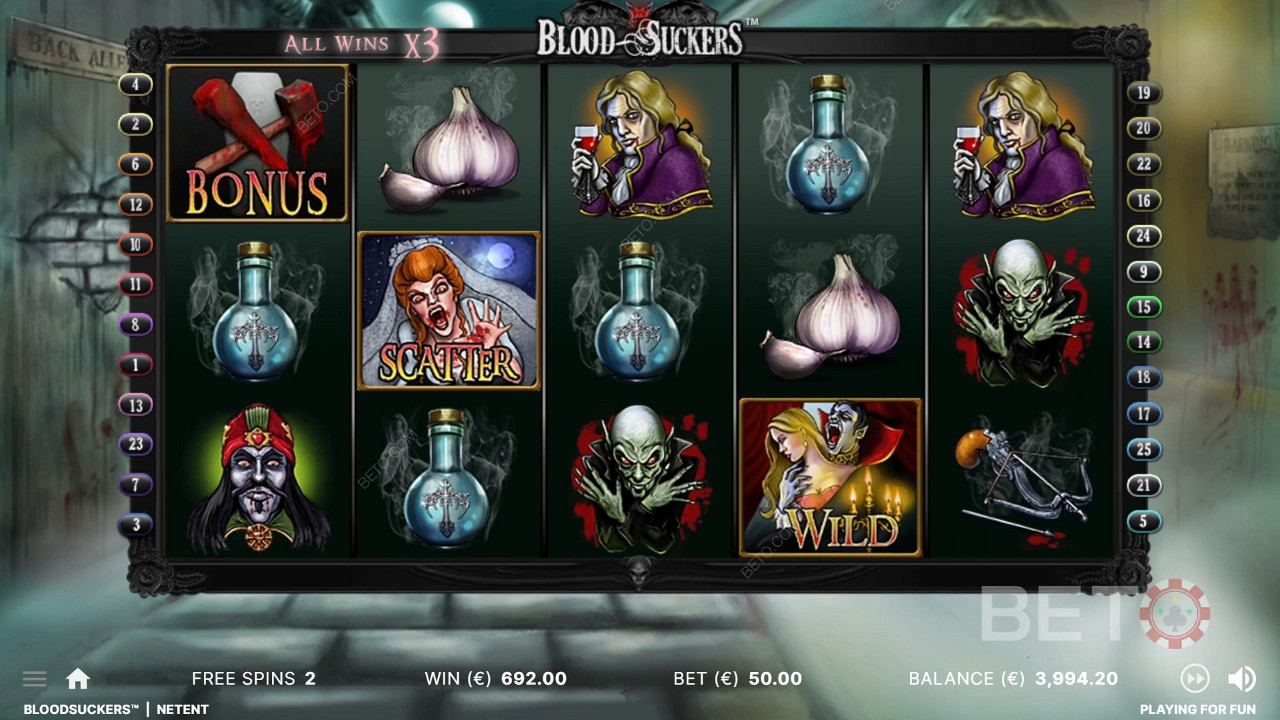 Kaikki voitot kolminkertaistuvat Blood Suckers -kolikkopelin ilmaiskierroksilla.