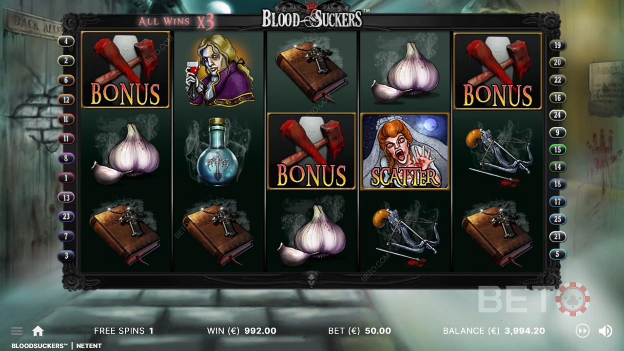 3 bonussymbolia oikeilla paikoilla käynnistää Blood Suckers -kolikkopelin bonuspelin.