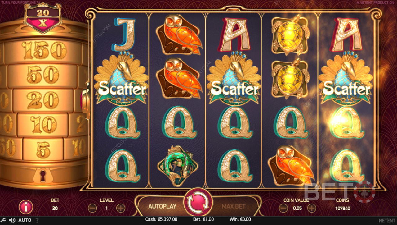 Kolmen scatter-symbolin saaminen ja ilmaiskierrokset Turn Your Fortune -pelissä