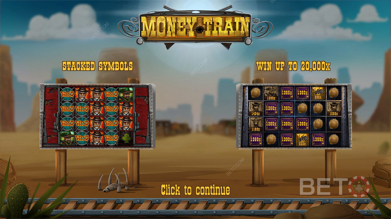 Pidä hauskaa jahdatessasi 20 000-kertaista maksimivoittoa panoksestasi Money Train -nettikolikkopelissä.