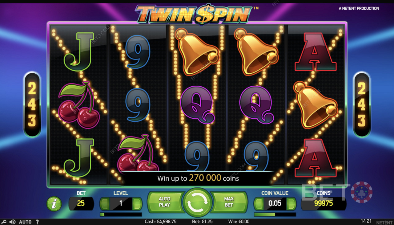 Twin Spin - Yksinkertainen pelattavuus, jossa on symboleja kuten kelloja, kirsikoita ja muita symboleja.