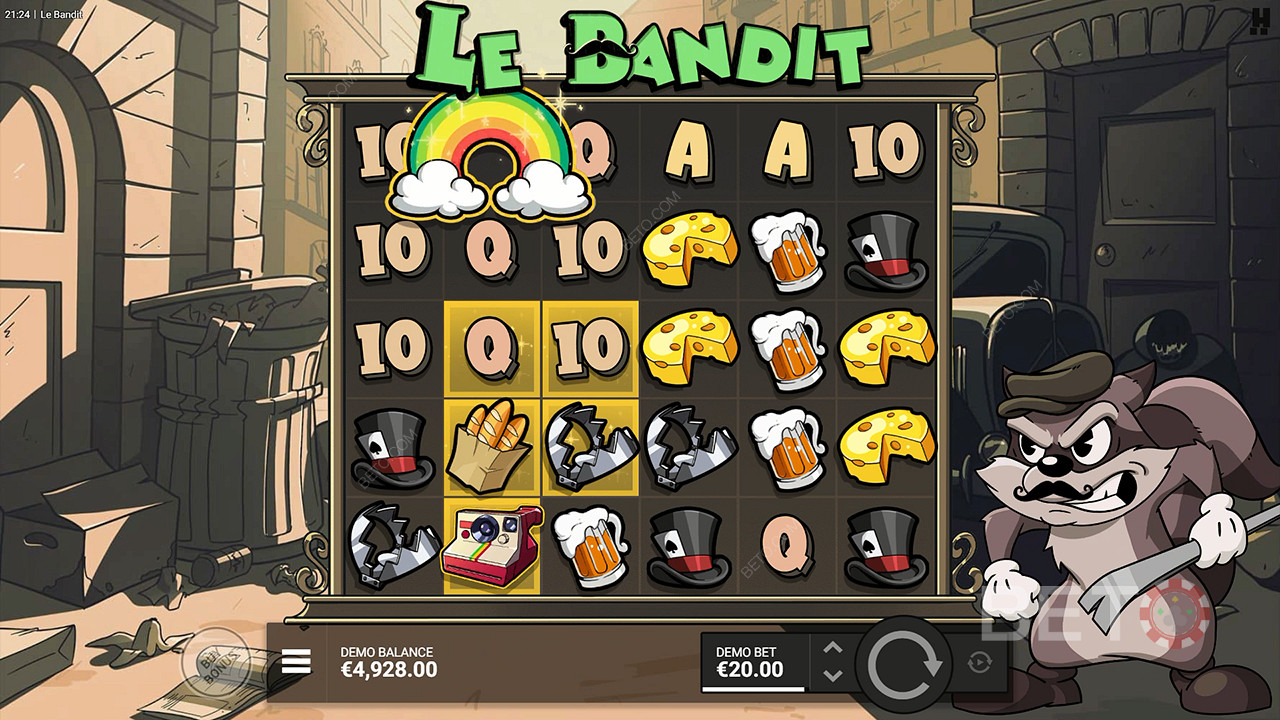 Sateenkaarisymboli aktivoi kaikki Le Bandit -kolikkopelin kultaiset neliöt.