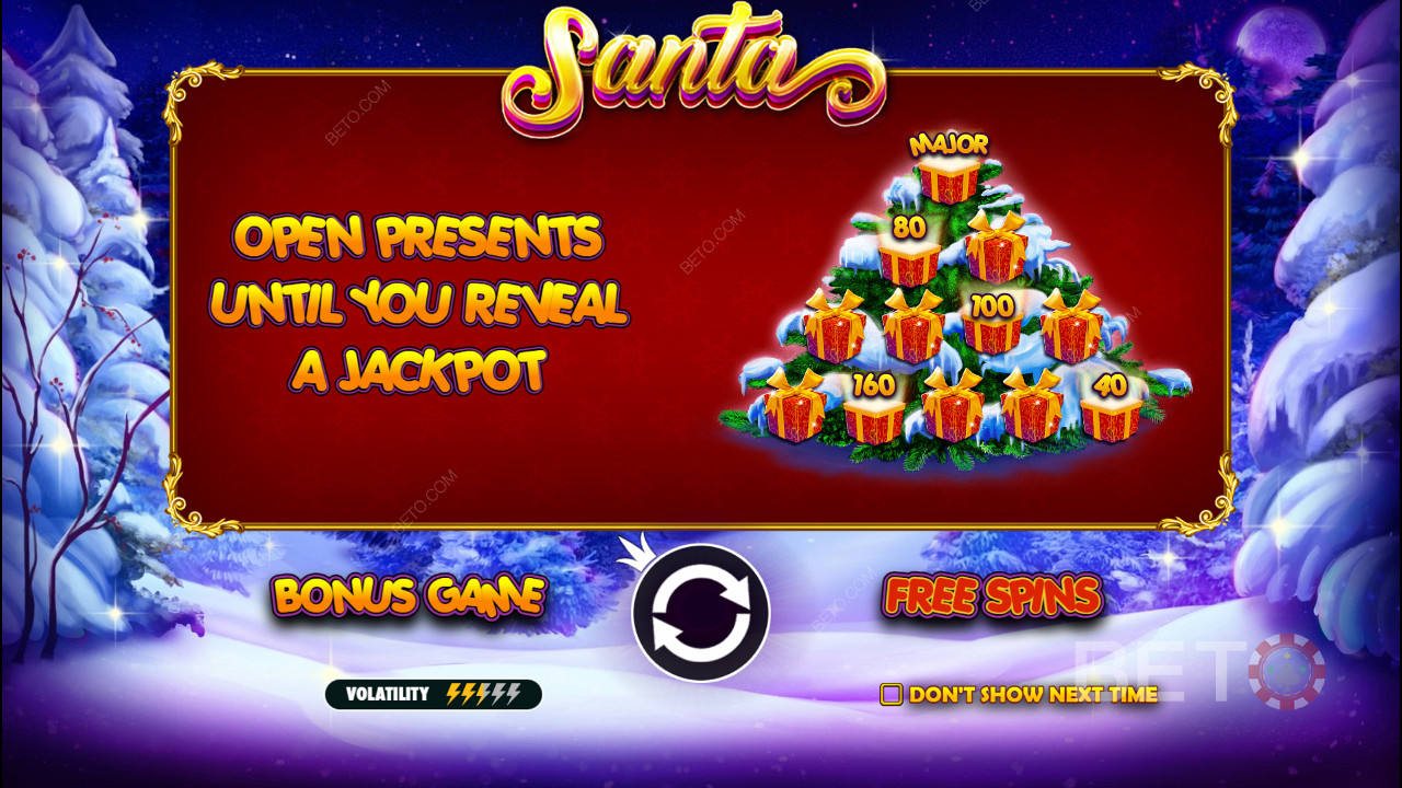 Bonuspelissä on rahapalkintoja ja jättipotteja Santa-nettikolikkopelissä.