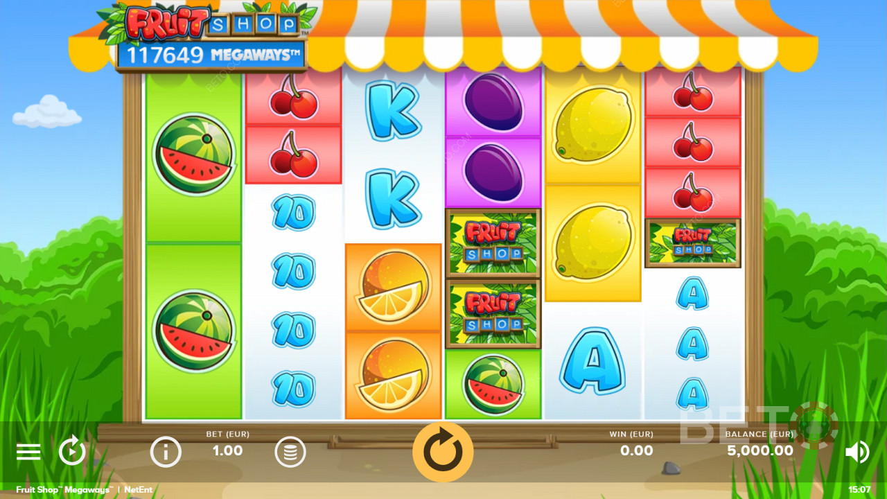 Värikkäät hedelmäsymbolit Fruit Shop Megaways -pelissä