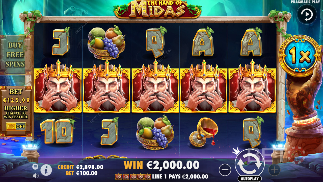 5 King Midas -symbolia maksaa paljon Hand of Midas -videokolikkopelissä.