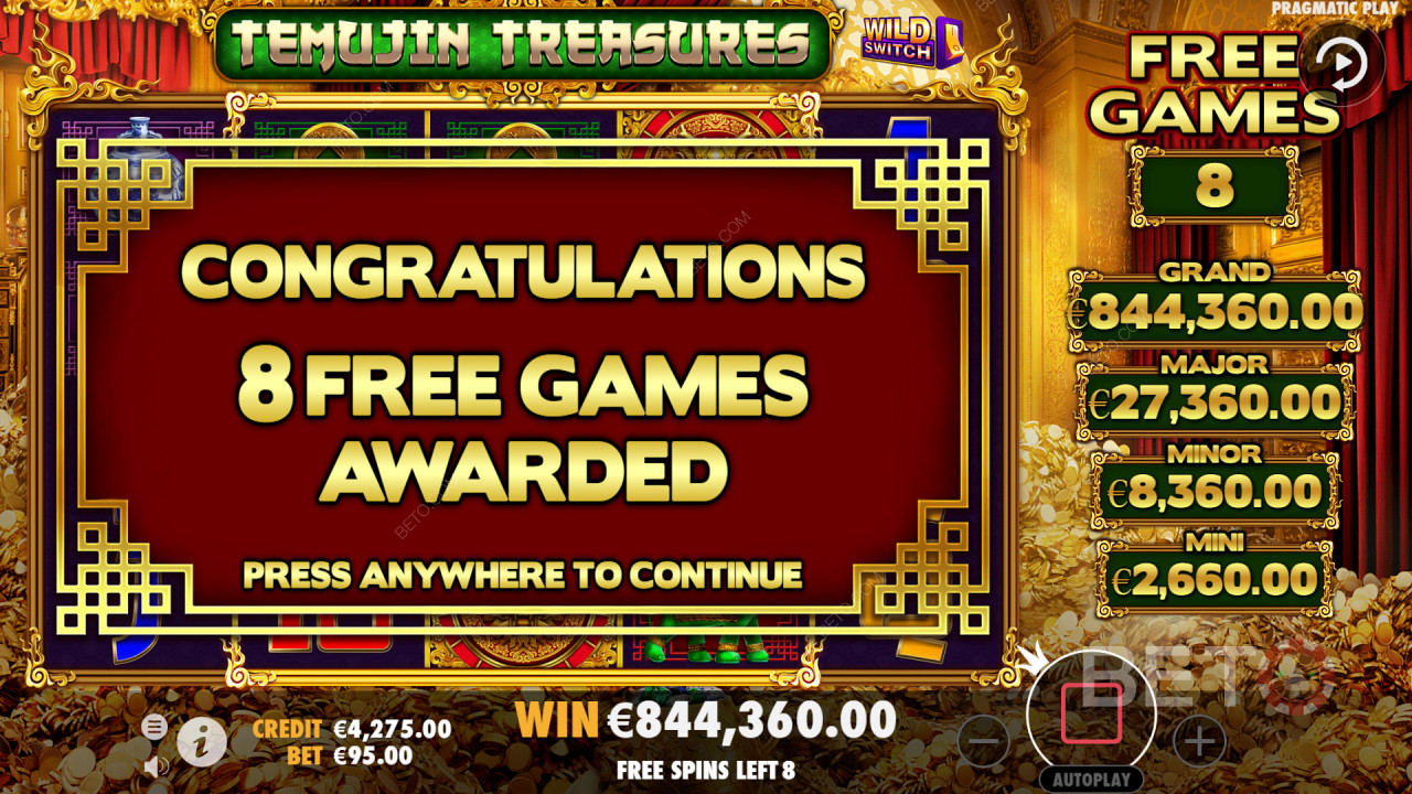 Bonusominaisuudet, kuten Lucky Wheel, voivat voittaa sinulle ilmaiskierroksia Temujin Treasures -pelissä.