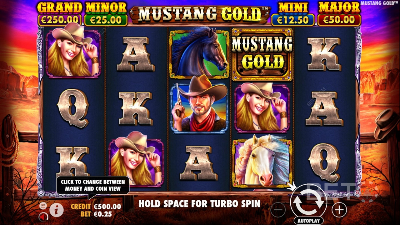 Wild-symboli on pelin logo Mustang Gold Online Slotissa.