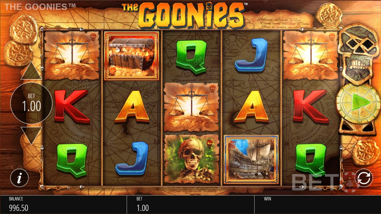 Erilaiset korkea- ja matalavoittoiset symbolit The Goonies Jackpot King -pelissä