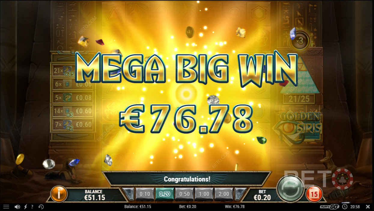 Mega Big Win Golden Osiris -videokolikkopelissä