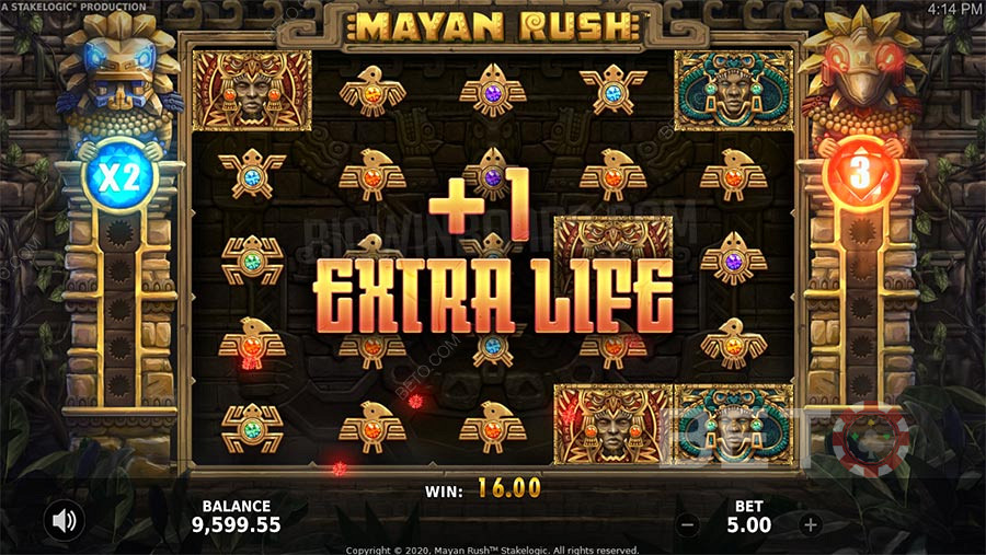 Mayan Rush -bonusominaisuuksiin kuuluvat ilmaiskierrokset, kerroin ja uhkapeliominaisuus.