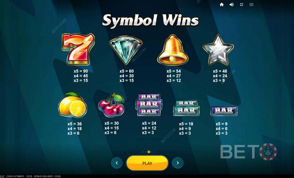 Erilaiset symboliyhdistelmät Cash Ultimate -pelissä