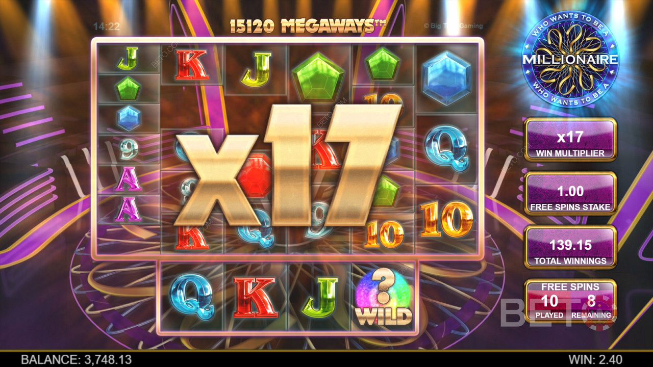 Kerroin lisää voittoihisi jokaisesta kaskadoituvasta voitosta Who Wants to Be a Millionaire Megaways -pelissä.