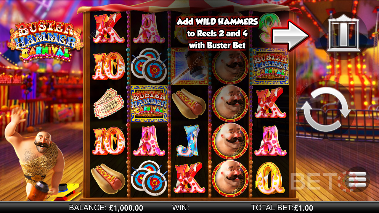 Buster Hammer Carnival - koe mahtavat ilmaiskierrokset ja Gold Wild Hammer -toiminto - kolikkopeli Reel Playltä.