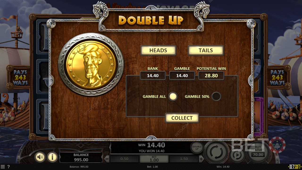 Kokeile Double Up -toimintoa ja tuplaa voittosi Viking Voyage -kolikkopelissä.