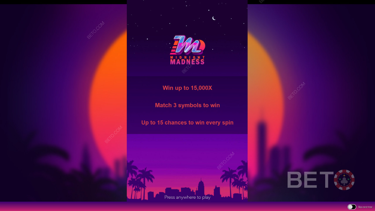 Midnight Madnessin aloitusnäyttö, jossa on tietoa pelattavuudesta.