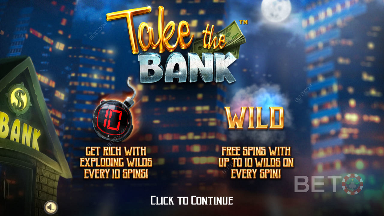 Take The Bank - Get Rich -pelin aloitusnäyttö räjähtävillä wildeilla varustettuna
