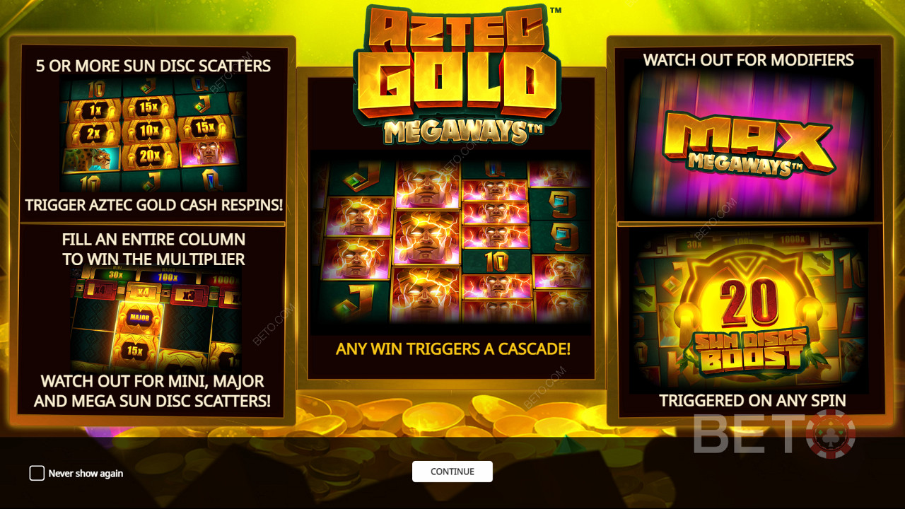 Nauti useista tehokkaista bonusominaisuuksista Aztec Gold Megaways -kolikkopelissä.