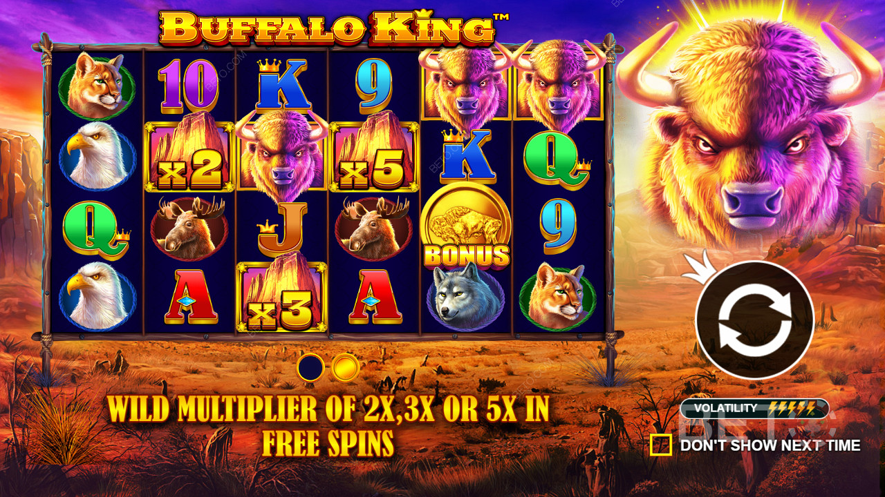 Kaikilla Wild-symboleilla voi olla 2x, 3x tai 5x kerroin Buffalo King -pelissä.