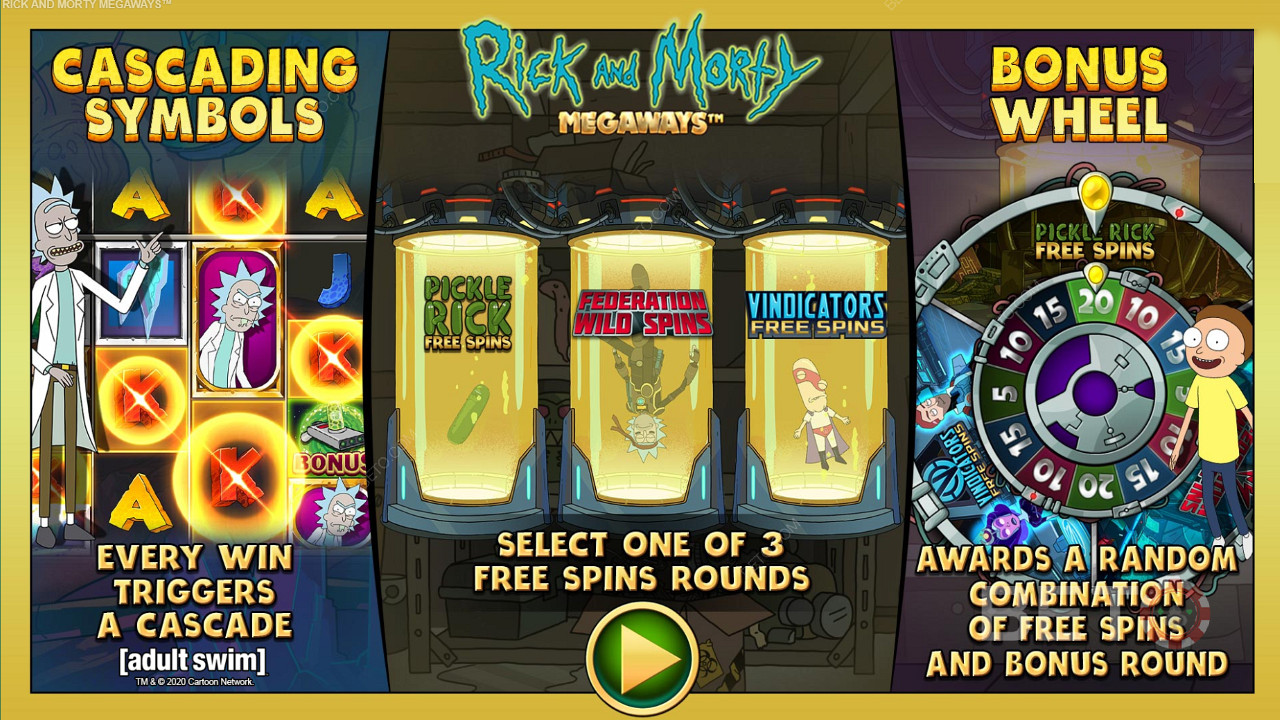 Nauti kolmesta erityyppisestä ilmaiskierroksesta Rick and Morty Megaways -kolikkopelissä.