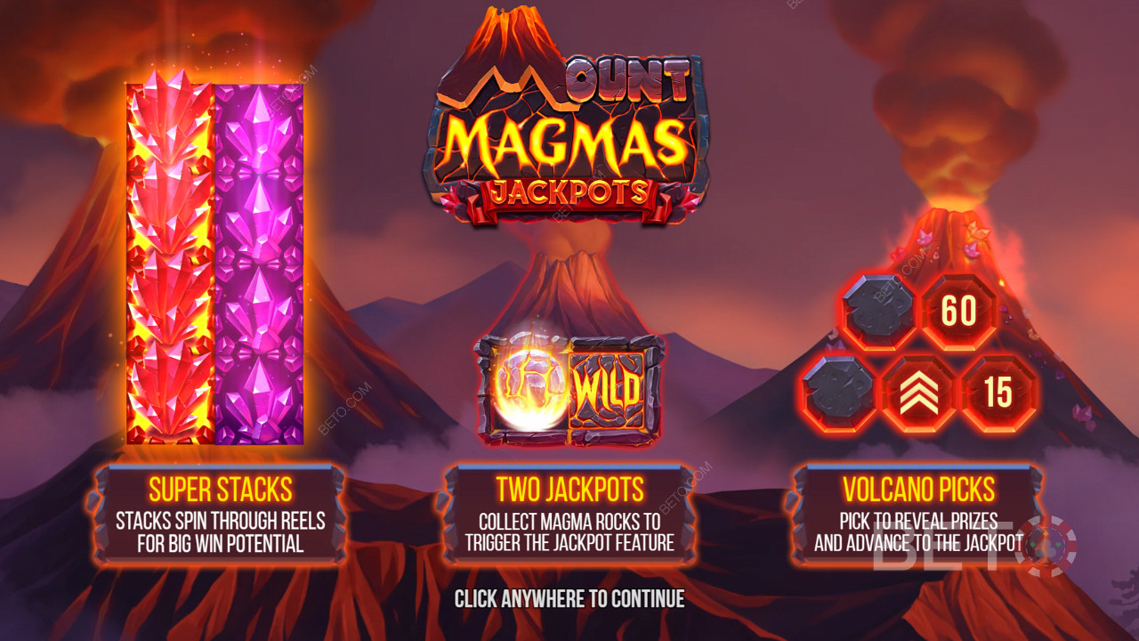 Nauti Super Stacksista, 2 jättipotista ja Volcano Bonus -ominaisuudesta Mount Magmas -kolikkopelissä.