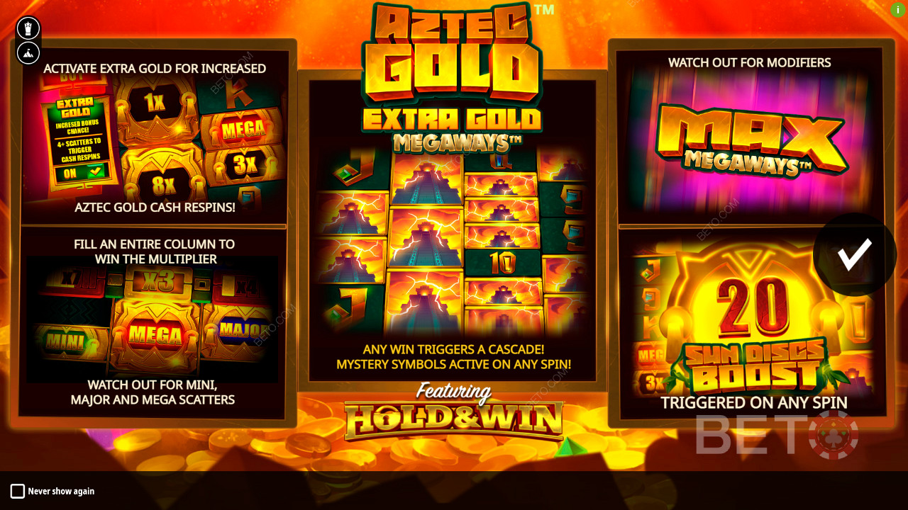 Nauti useista bonusominaisuuksista Aztec Gold Extra Gold Megaways -kolikkopelissä