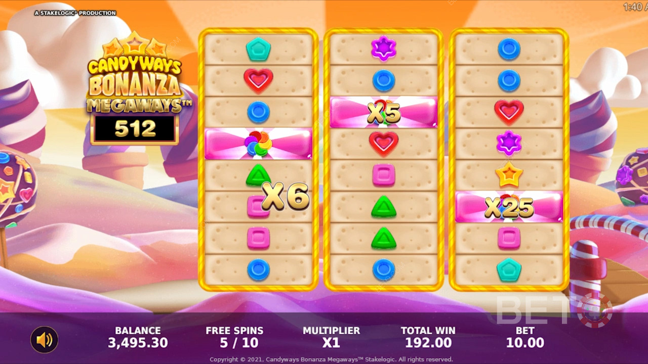 Nauti useista palkitsevista ominaisuuksista Candyways Bonanza Megaways -nettikolikkopelissä.