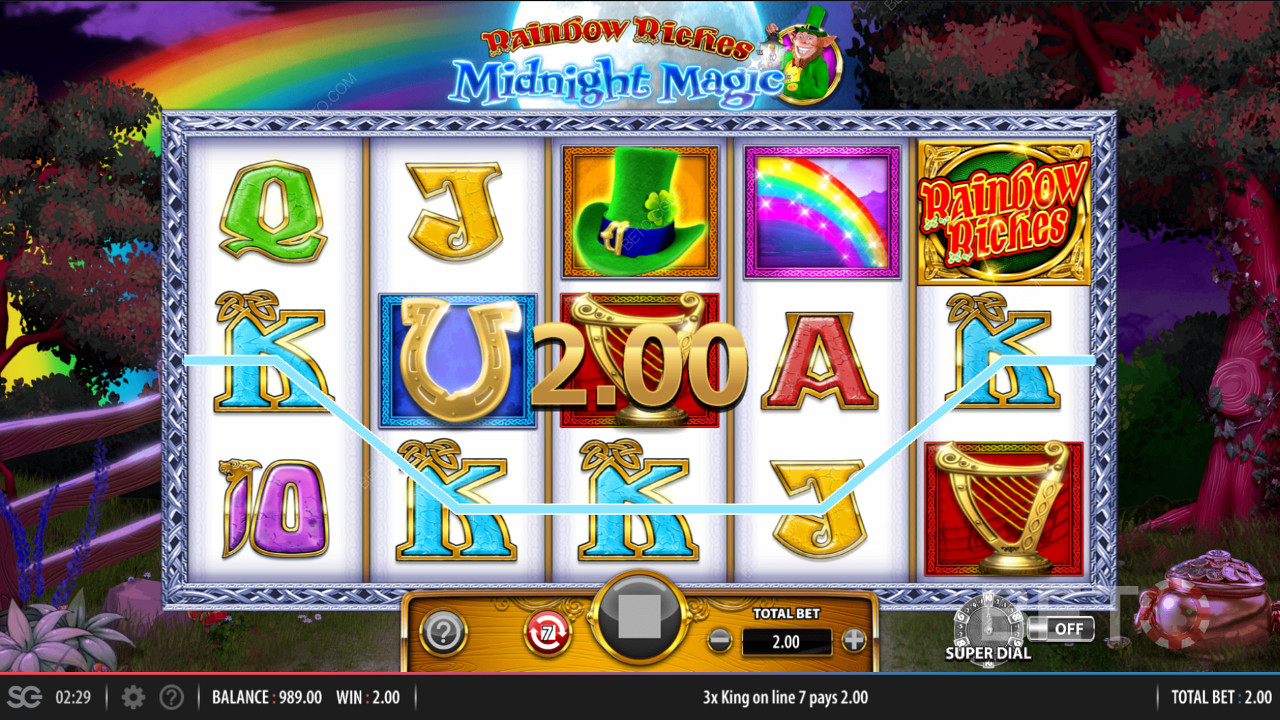 10 erilaista aktiivista voittolinjaa Rainbow Riches Midnight Magic -kolikkopelissä