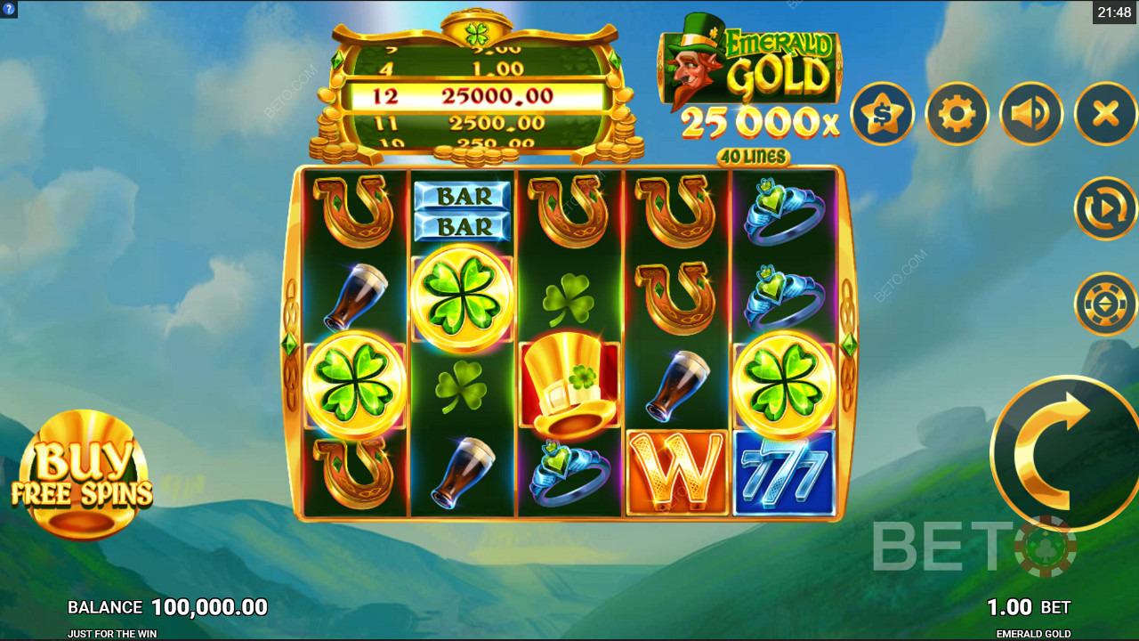Osta ilmaiskierroksia Emerald Gold -nettikolikkopeliin Just For The Win -yhtiöltä