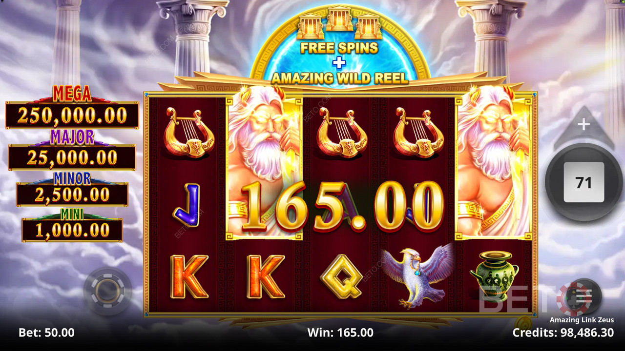 Pelaa ja saat mahdollisuuden voittaa yhden 4 kiinteästä jackpot-palkinnosta Amazing Link Zeus -kolikkopelissä.