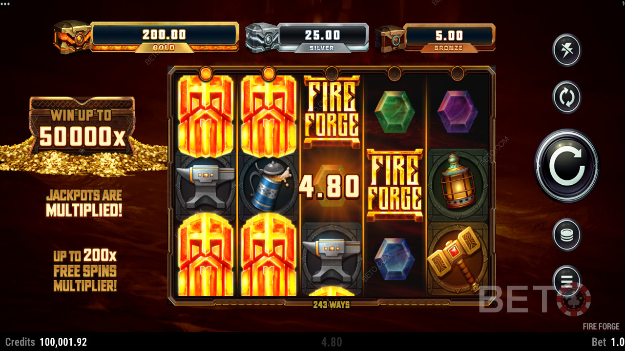 Fire Forge -kolikkopeli, jossa maksimivoitto on 50 000x panoksesi verran.
