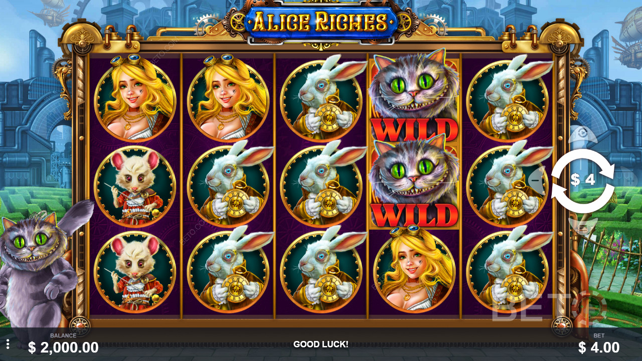 Alice Riches sisältää 50 voittolinjaa ja 5 rullan kolikkopeliä.
