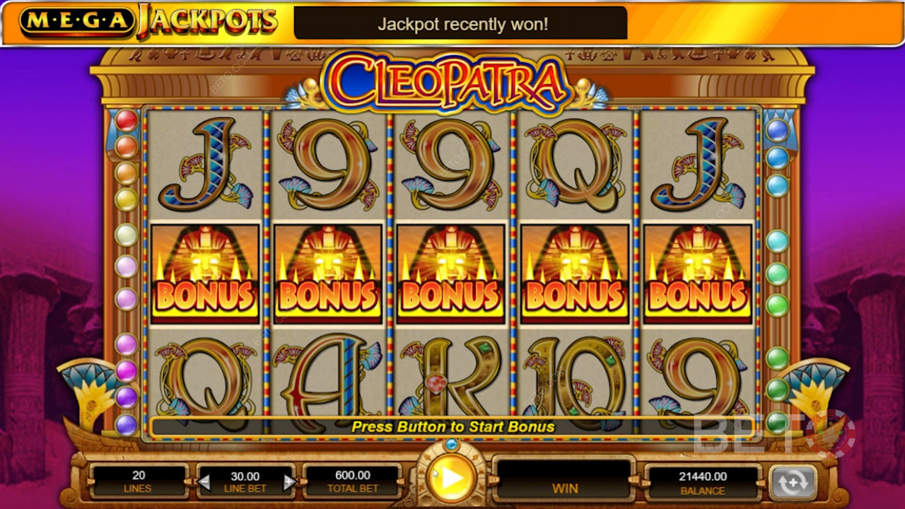 MegaJackpots Cleopatra Ominaisuudet 5 kiekkoa 20 voittolinjaa kolikkopelissä.