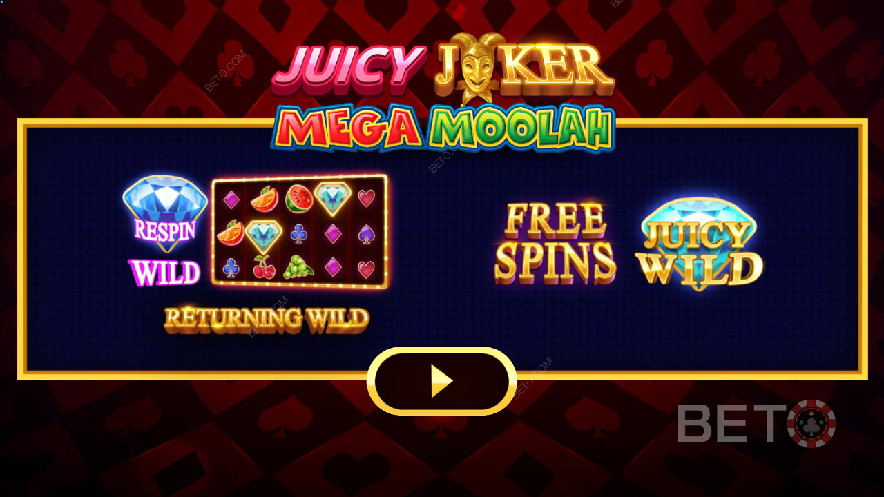 Juicy Joker Mega Moolahin esittelynäkymä, jossa selitetään eri Boostereita.