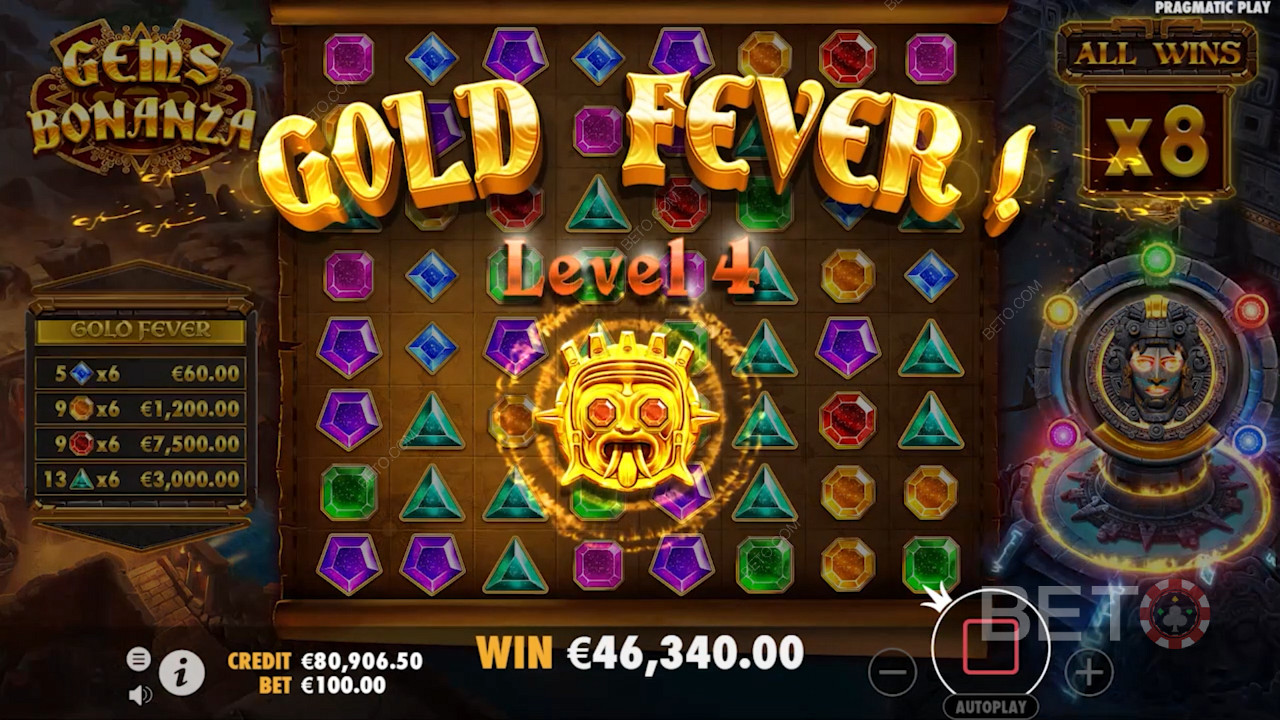 Kerää vähintään 114 voittosymbolia avataksesi Gold Fever Progressive -bonuksen.