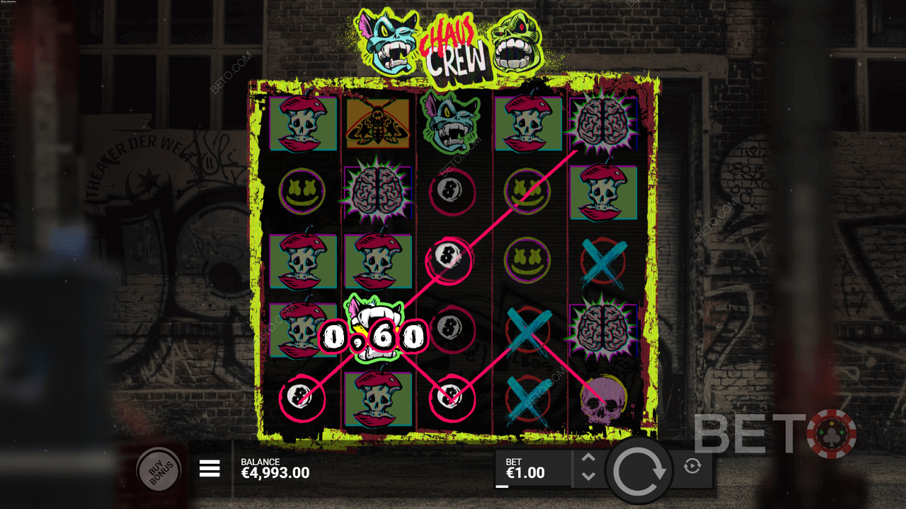 Voita Chaos Crew -kolikkopelissä 3-5 samanlaista symbolia.