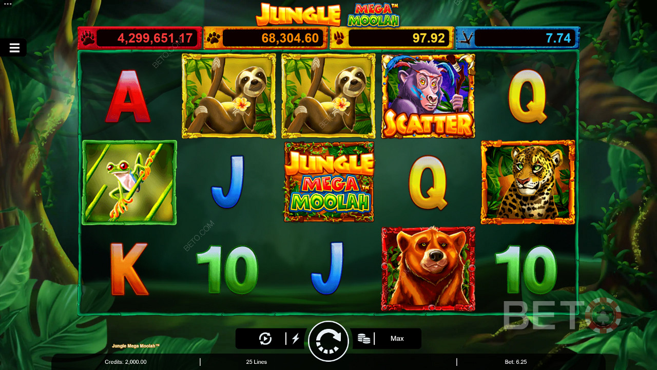 Nauti Multiplier Wildsista, ilmaiskierroksista ja neljästä progressiivisesta jättipotista Jungle Mega Moolah -kolikkopelissä.