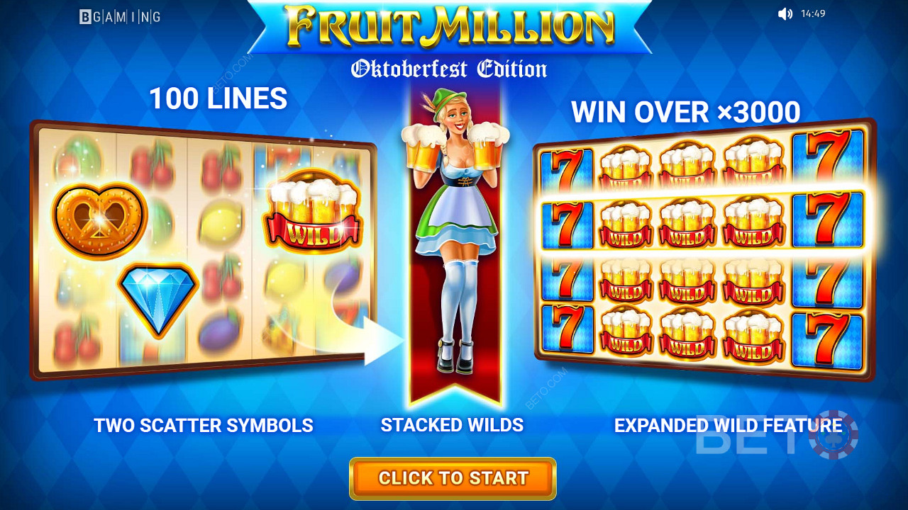 Pelaa yli 100 rivin kolikkopeliä ja voita jopa 3000-kertainen panoksesi Fruit Million -pelissä.