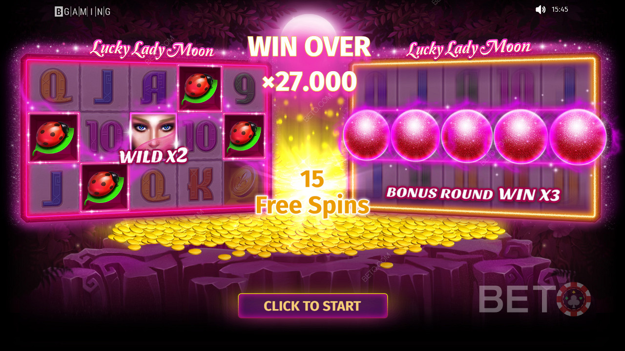 Jatka pelaamista voittaaksesi palkintoja, joiden arvo on jopa 27 000x panokset Lucky Lady Moon -kolikkopelissä.