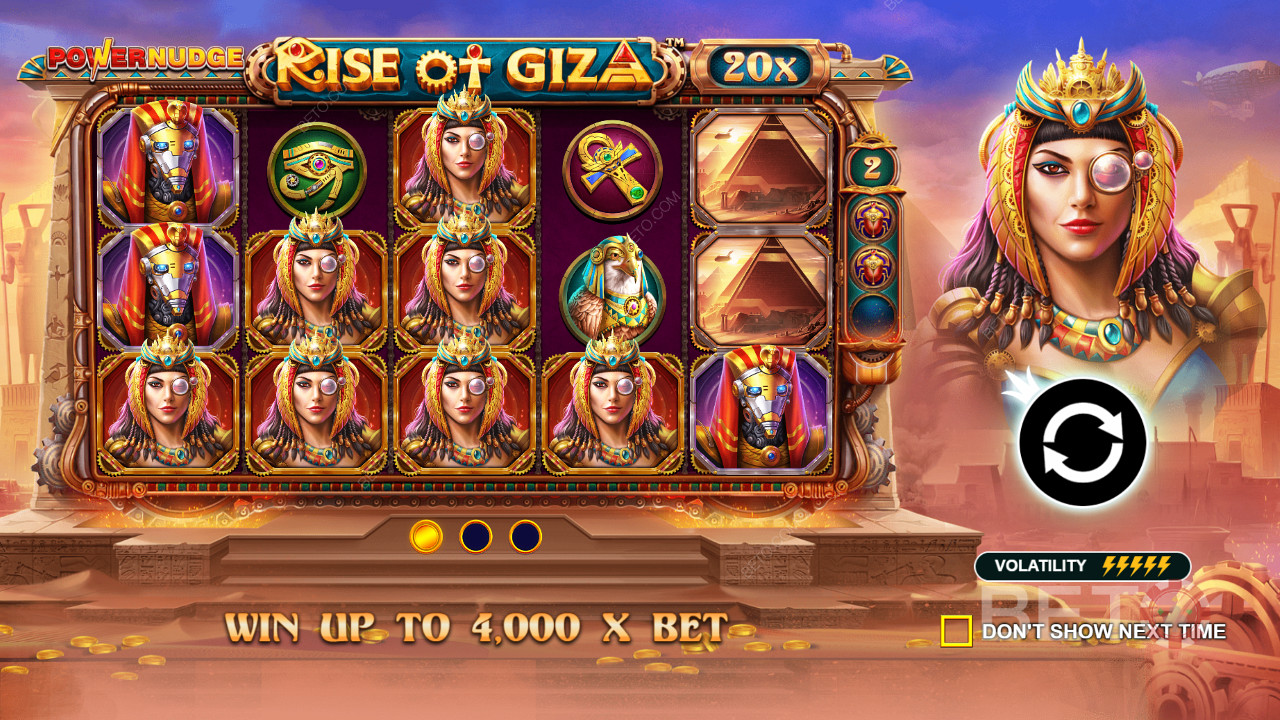 Voita jopa 4 000-kertainen panoksesi Rise of Giza PowerNudge -nettikolikkopelissä.