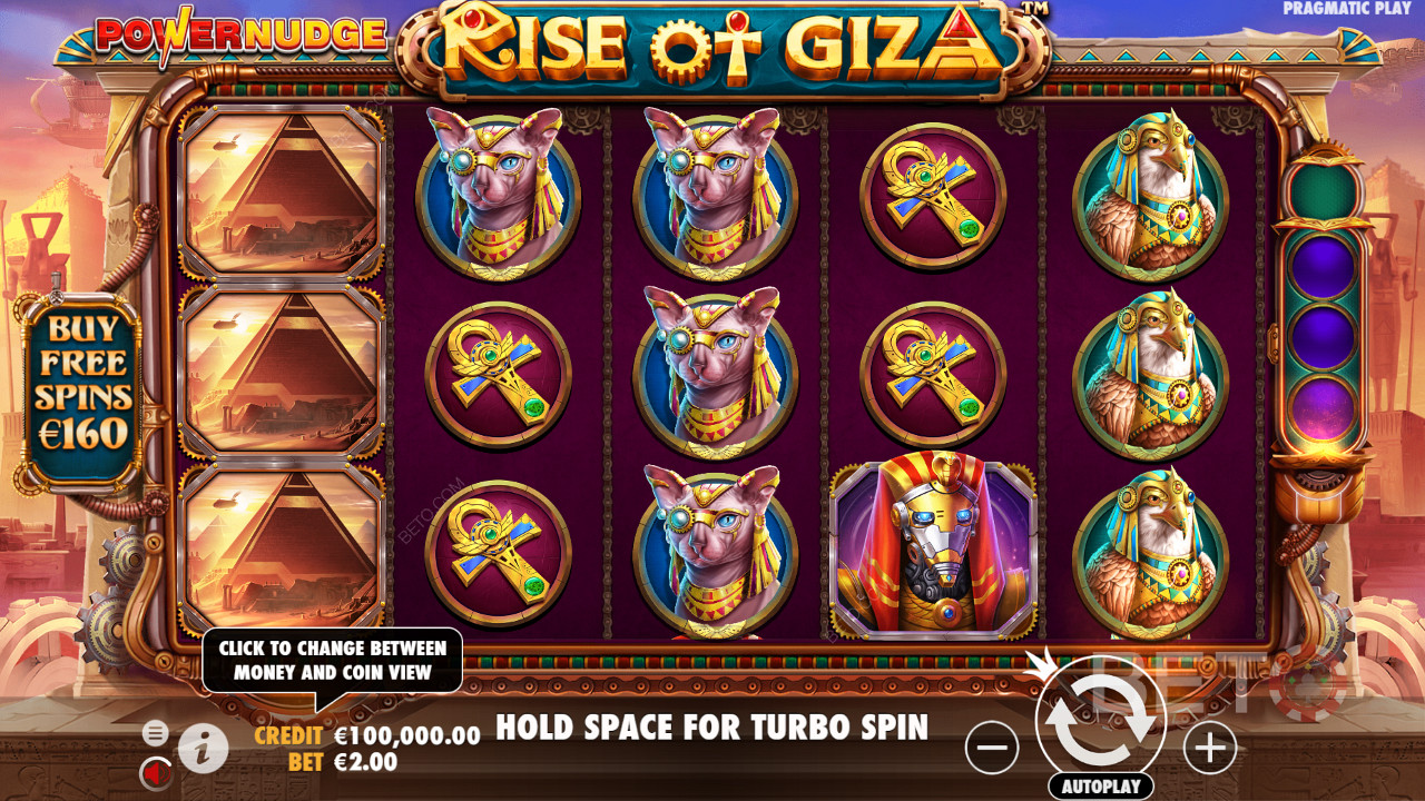 Maksa 80x panoksesi ja osta ilmaiskierroksia Rise of Giza PowerNudge -kolikkopelissä.