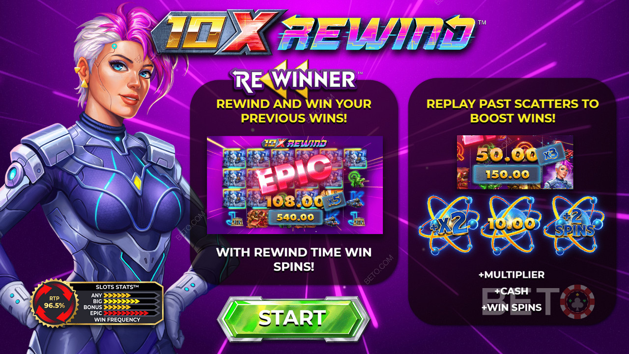 10x Rewind -kolikkopeli, jonka avulla voit kelata taaksepäin ja nauttia aiemmista voitoistasi.