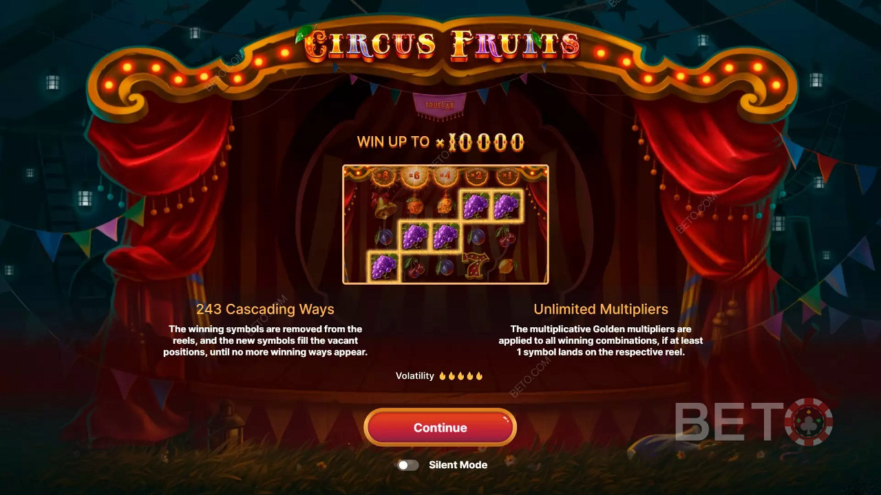 Circus Fruitsin teemasta inspiroitunut intro-näyttö