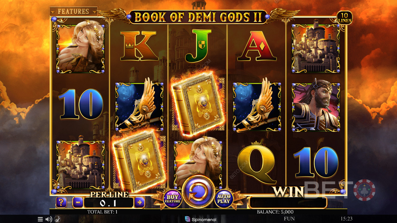 Book of Demi Gods 2 -kolikkopeli, jossa on ilmaiskierroksia, wildeja, uudelleenpyöräytyksiä ja useita muita ominaisuuksia.