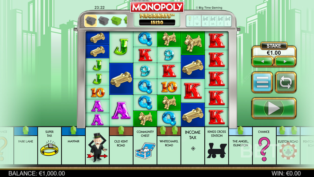 Megaways-peliruutu Monopoly Megaways -pelissä.