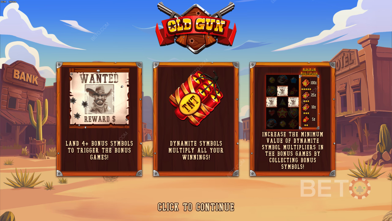 Bonusominaisuudet selitetty Old Gun by Backseat Gaming -videokolikkopelissä