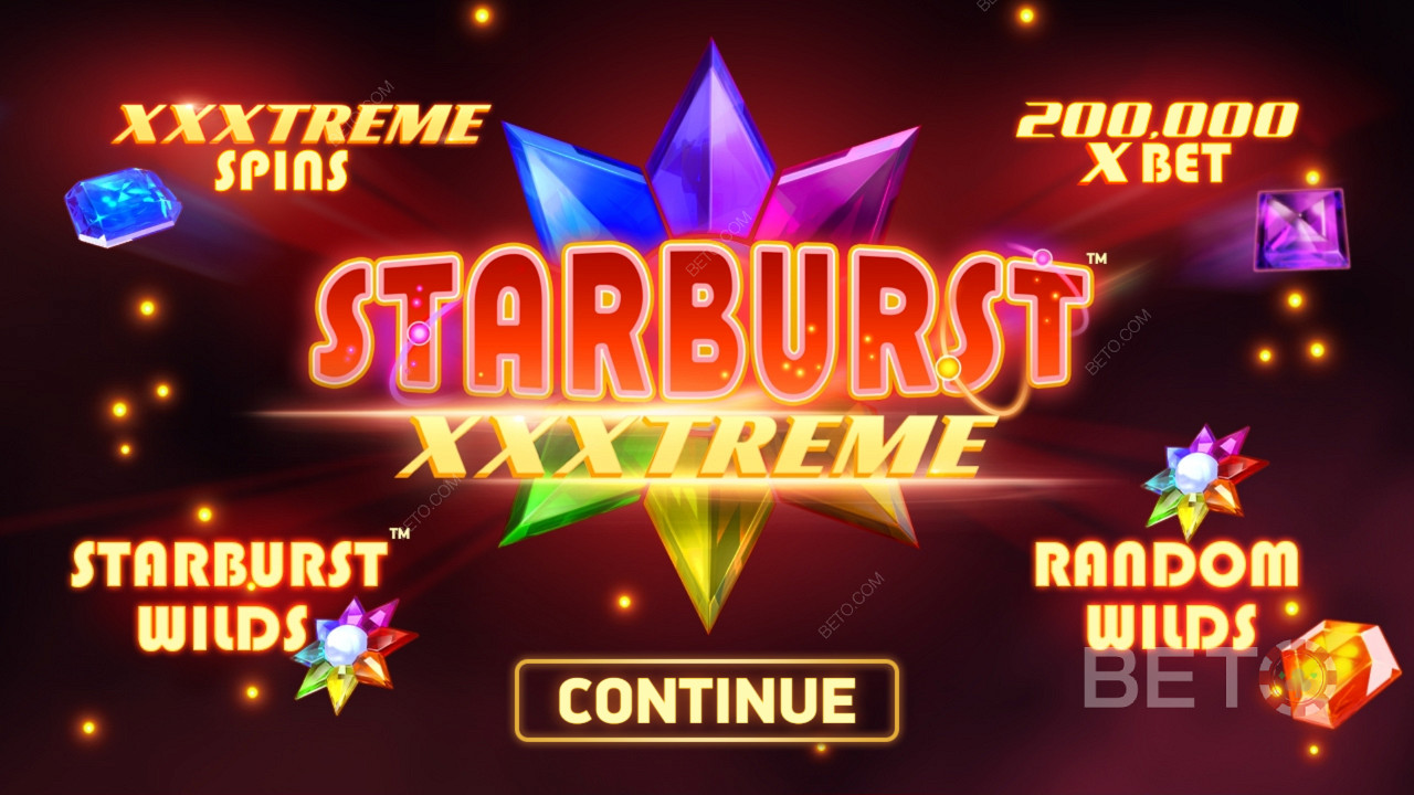 Nauti Starburst XXXtreme -nettikolikkopelissä ominaisuuksista, kuten Random Wilds ja Expanding Wilds.