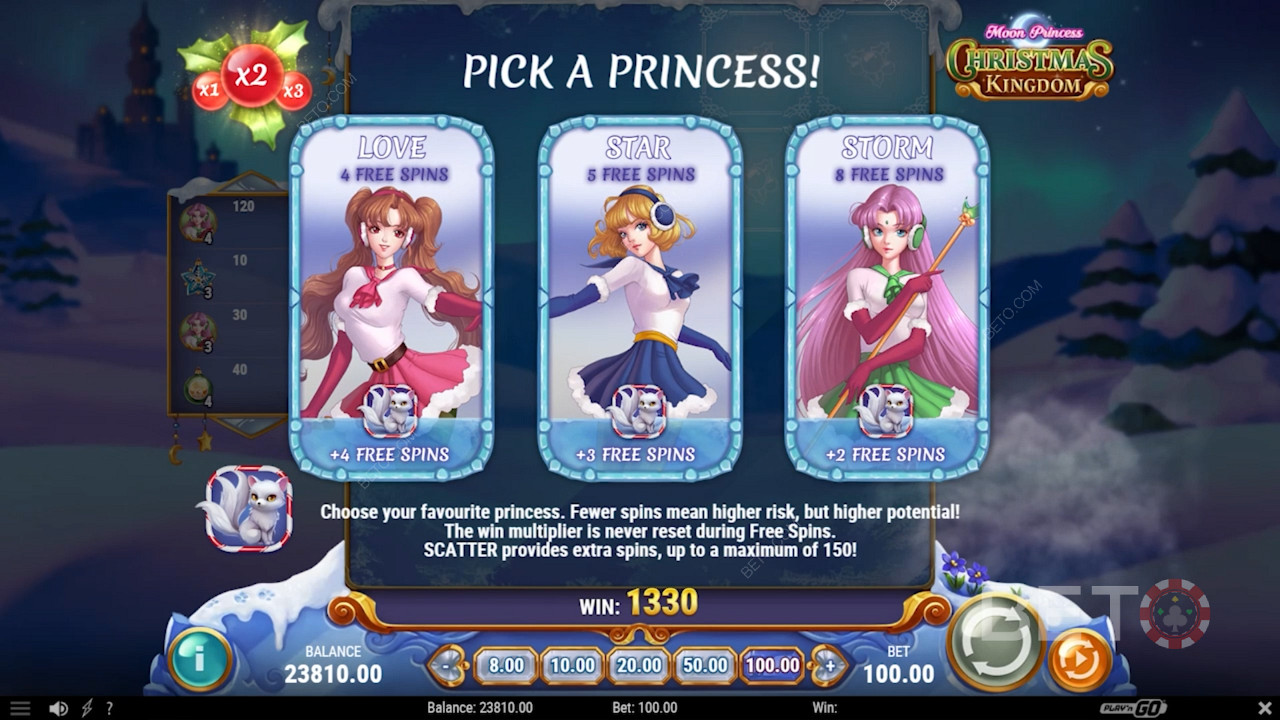 Erityinen ilmaiskierroskierros Moon Princess Christmas Kingdom -pelissä