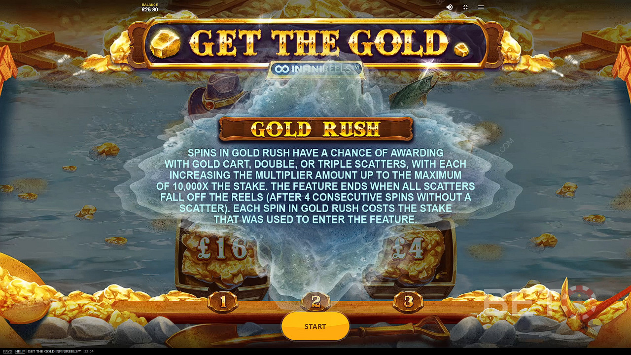 Saa 3 tai useampi kultakärry-scatteri aloittaaksesi Golden Rush -tunnin.